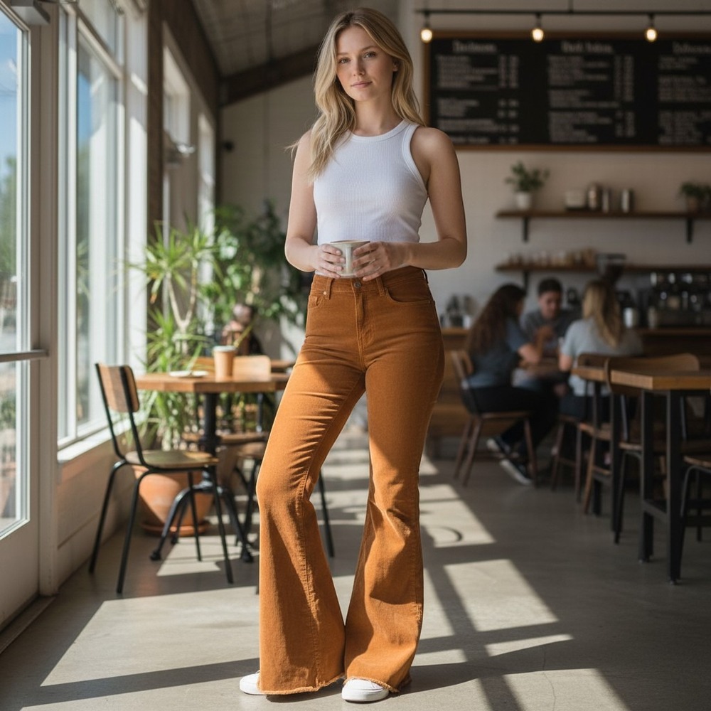 Saints & Hearts Corduroy Bell Bottom Pants Womens Small Brown Raw Hem Boho
